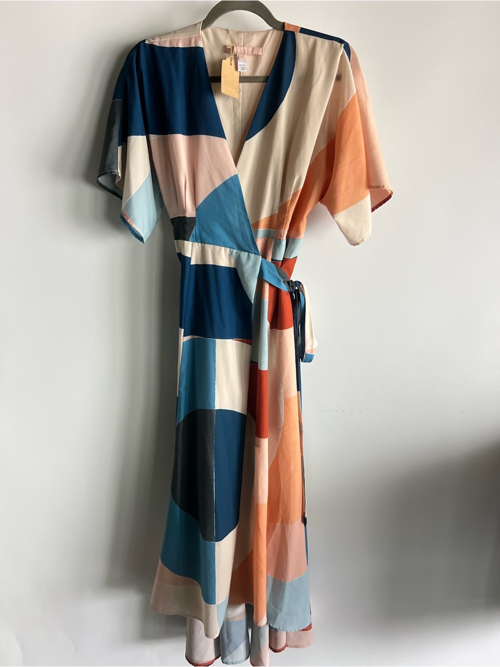 Multicolor Geometric Wrap Maxi Dress in Blue, Peach & Cream